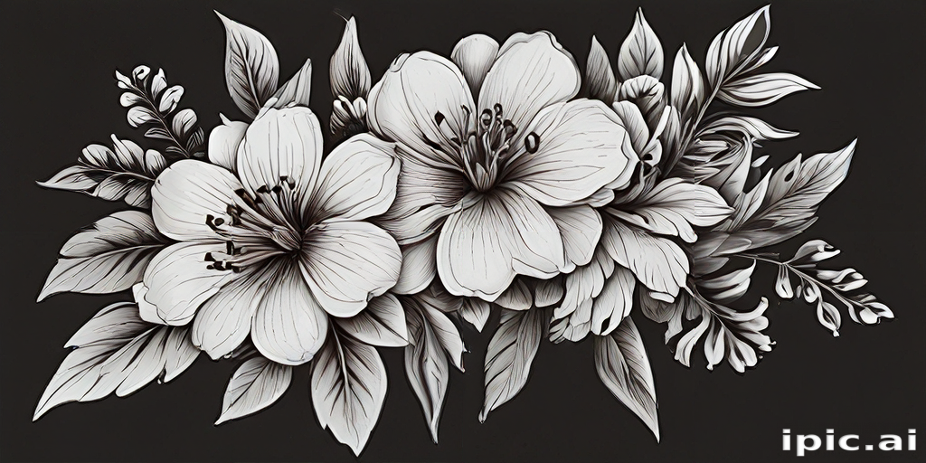 Elegant Black and White Floral Arrangement with Detailed Petals and Leaves.