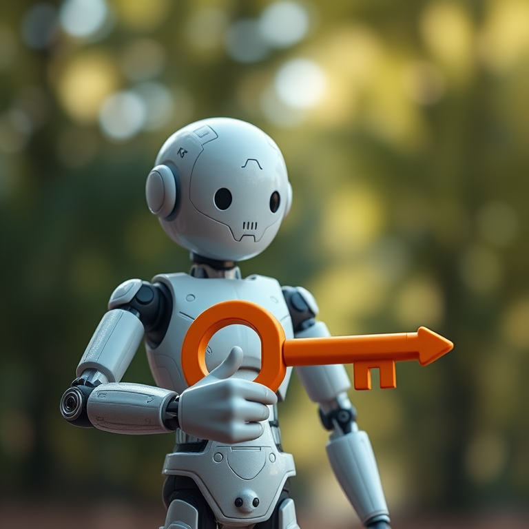 Create a 3D render of a humanoid figure holding a large orange key, high-resolution with a Canon EOS R5, 50mm f/1.2 lens, natural lighting, shallow depth of field, soft focus background.