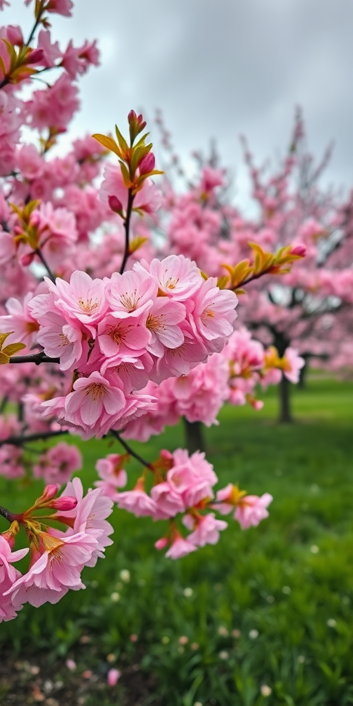 Cherry blossom tree in full bloom, vibrant pink flowers, lush green grass, overcast sky, 50mm lens, f/8 aperture, ISO 200, 1/250 sec shutter speed, natural light, DSLR camera, landscape orientation.