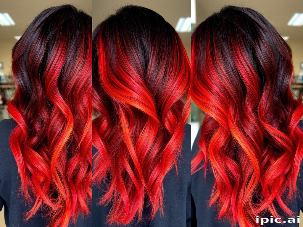 Dramatic Volcanic Ombre Waves boasting a striking transition from deep charcoal black roots to fiery red and orange tips styled in loose tousled waves reminiscent of flowing lava