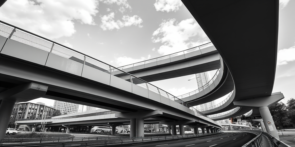 black and white photograph of modern overpasses and urban infrastructure with a focus on curves and lines, shot with a Canon EOS R5 at f/8, 1/250 sec, ISO 100, with a wide-angle lens at a low angle for depth, emphasizing geometric shapes and textures in the scene