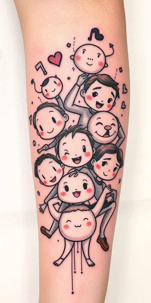 Playful "Sketch Animation" tattoo style featuring hand-drawn illustrations that appear to come to life through clever use of motion lines and multiple overlapping images, rendered in a mix of bold black outlines and subtle colored pencil shading, creating a dynamic and whimsical tattoo that tells a story through its animated aesthetic