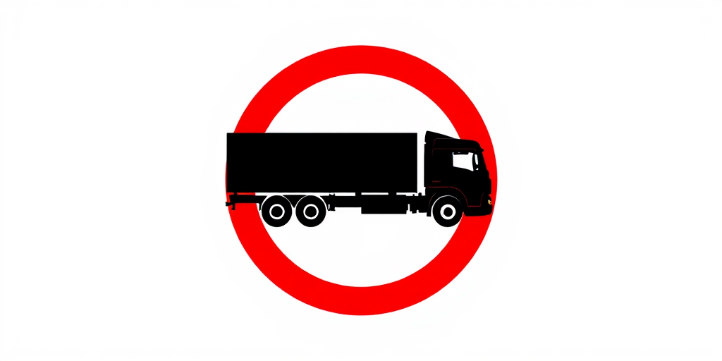 Create a high-resolution image of a no truck symbol with a bold black truck in silhouette against a white background, enclosed in a vibrant red circle, taken from a straight-on view using a DSLR camera with a focal length of 35mm, aperture set to f/8, and ISO 100 for clarity.