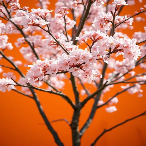 photograph of a cherry blossom tree with pink flowers against an orange backdrop, shallow depth of field, ISO 100, f/2.8, 50mm lens, natural lighting, DSLR camera, taken from a low angle to capture the full height of the tree.