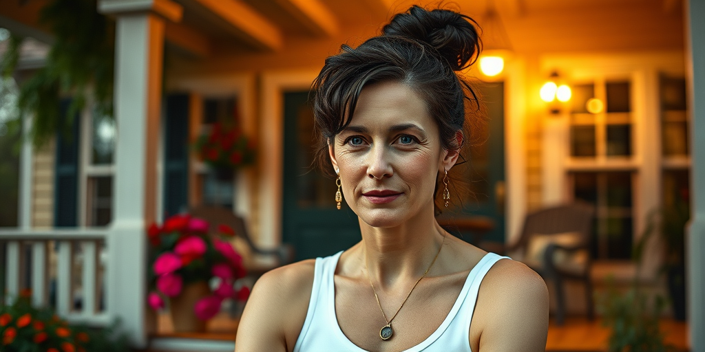 A photo of Tilda Swinton with a background of a cozy porch. She has dark hair pulled back in an updo, with tendrils framing her face. She wears a white tank top and sits on the porch. The porch is part of a well-lit home with a warm, earthy tone and colorful flowers and foliage. The overall scene has a warm, welcoming, and comfortable ambiance.