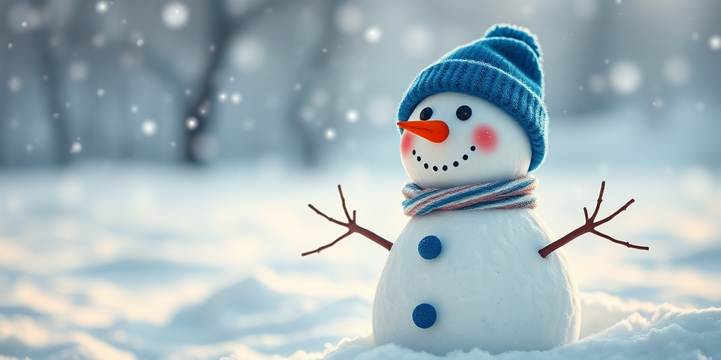 Create a winter scene featuring a cheerful snowman wearing a blue hat, surrounded by a snowy landscape with softly falling snowflakes, shot with a Canon EOS R5, aperture f/2.8, ISO 100, shutter speed 1/250s, using a wide-angle lens for a crisp view, focus on the snowman with a soft bokeh background to enhance image quality.