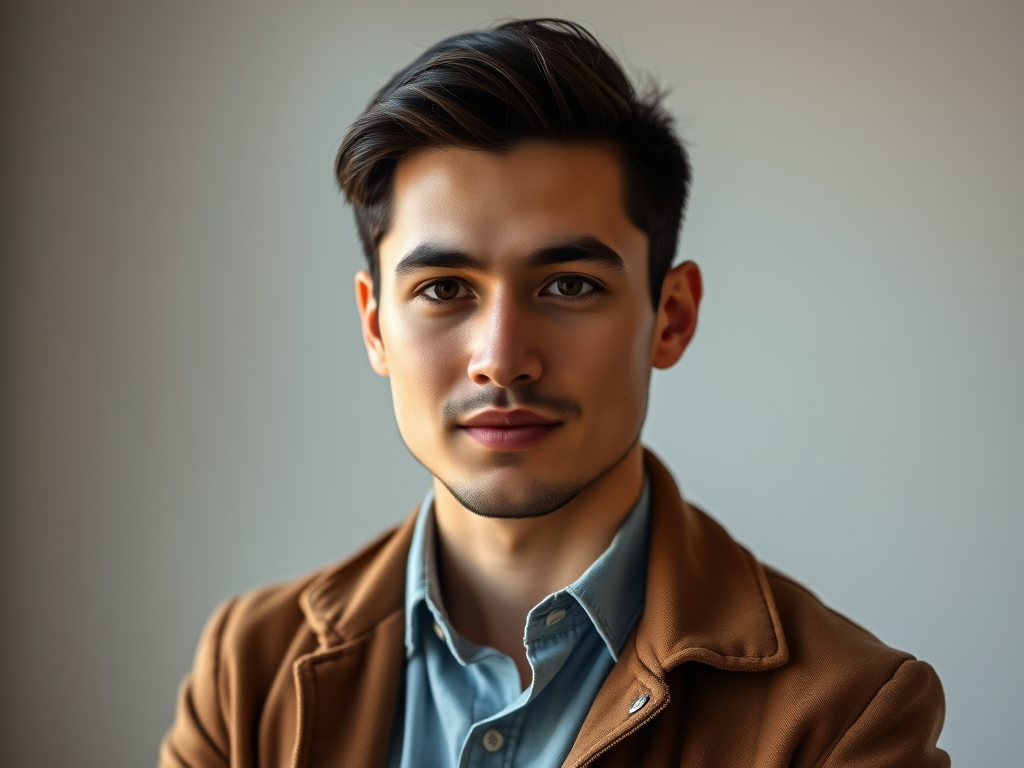 Create a high-resolution digital portrait of a young male entrepreneur with short dark hair, wearing a smart casual outfit, focus on facial details, soft lighting, shallow depth of field, taken with a Canon EOS R5, 50mm lens at f/1.8, ISO 100, natural color palette.