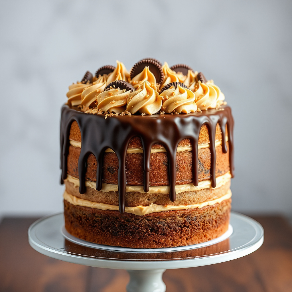 Create an image of a luxurious layered cake with a chocolate ganache drip. The cake should be decorated with swirls of peanut butter frosting and topped with peanut butter cups. Add a sprinkle of crushed peanut butter candy around the top for added texture and detail. The cake should be presented on a cake stand, with a focus on rich, indulgent textures and colors.