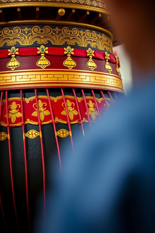 Capture a close-up of a traditional gamelan instrument with vibrant red and gold detailing, featuring a blurred subject in the foreground, using a Canon EOS 5D Mark IV, aperture f/2.8, ISO 100, shutter speed 1/250s, natural lighting, shallow depth of field.