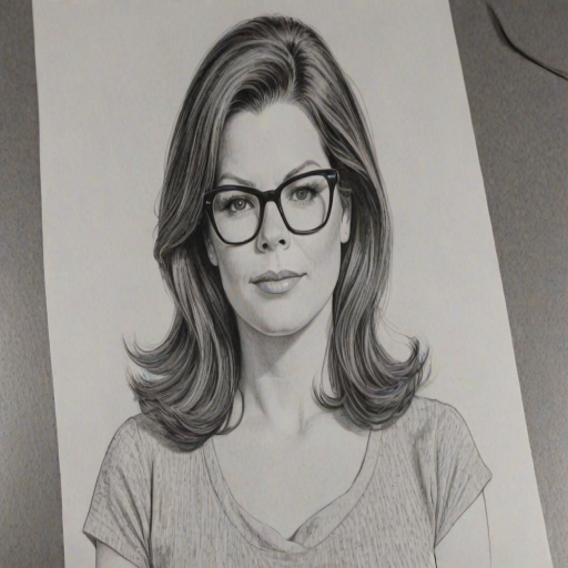 Appealing Marcia Gay Harden, pencil sketch, portrait of Charming woman 1964s in glasses, hair style beatnik, outline, clear lines, fine lines, 8k