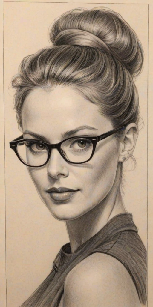 Resplendent Candice Cameron Bure, pencil sketch, portrait of Fetching woman 1954s in glasses, hair style beatnik, outline, clear lines, fine lines, 8k