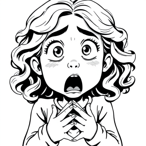 The image is a black and white illustration of a young girl with curly hair. She has a surprised expression on her face with her mouth open and her hands clasped together in front of her chest. Her eyes are wide and her eyebrows are furrowed. Her hair is styled in loose curls that are cascading down her back. The overall mood of the image is one of shock or surprise.