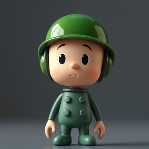 Create a 3D render of a cartoon-style figure wearing a shiny green military helmet, standing upright with a neutral expression, using a shallow depth of field, 50mm lens, f/2.8 aperture, ISO 100, and natural lighting for enhanced image quality.