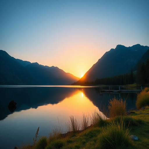 Generate a high-resolution image of a serene landscape featuring a calm lake with mountains in the background during sunrise, using a DSLR camera with a 50mm lens, aperture set to f/8, ISO 100, shutter speed 1/200s, in landscape orientation, with a vibrant color profile and soft focus.