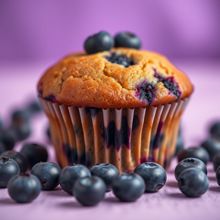 A close-up shot of a freshly baked blueberry muffin with scattered blueberries around it, taken with a Canon EOS R5, 50mm lens, f/1.8 aperture, ISO 100, and a shutter speed of 1/200s, with a soft, blurred background in purple tones to enhance the subject's vibrancy.