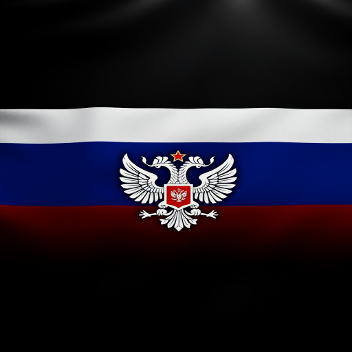Create a high-resolution image of the Russian coat of arms set against a black flag background featuring horizontal red, blue, and white stripes, captured with a Canon EOS 5D Mark IV, 50mm lens, f/1.8 aperture, low-angle view, soft focus style.