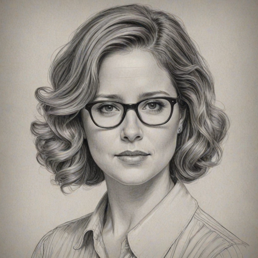 Ravishing Jenna Fischer, pencil sketch, portrait of Splendid woman 1933s in glasses, hair style beatnik, outline, clear lines, fine lines, 8k
