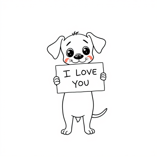 A minimalist cartoon of a PUPPY standing on a blank white background, holding a sign that simply says, 'I LOVE YOU.' The puppy is drawn with just a few lines: big eyes, whiskers, floppy ears, and a straight tail, giving it a comically desperate expression.