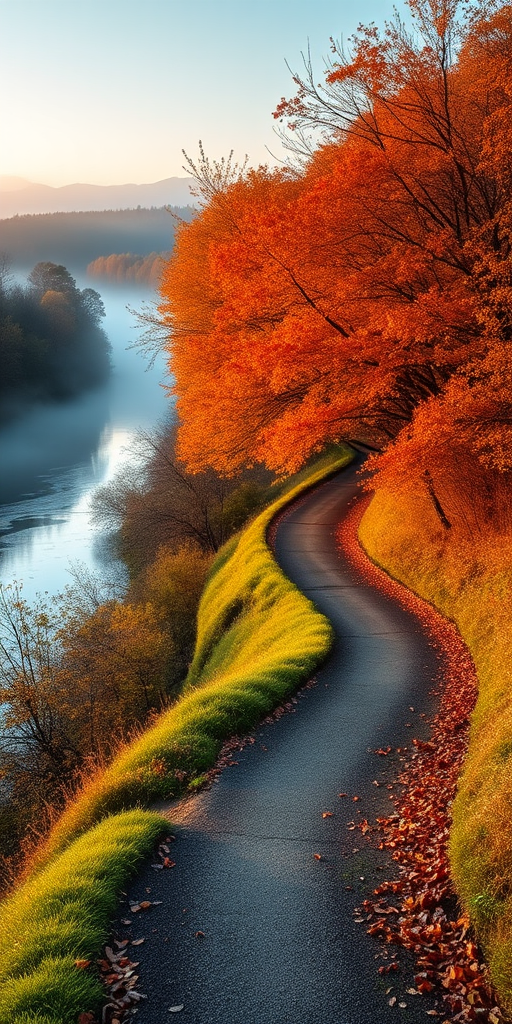 autumn landscape with a winding path along a serene river, vibrant orange and yellow leaves, soft morning mist, captured with a Canon EOS 5D Mark IV, 50mm lens, f/1.8, ISO 200, shot at sunrise for warm light and enhanced atmosphere