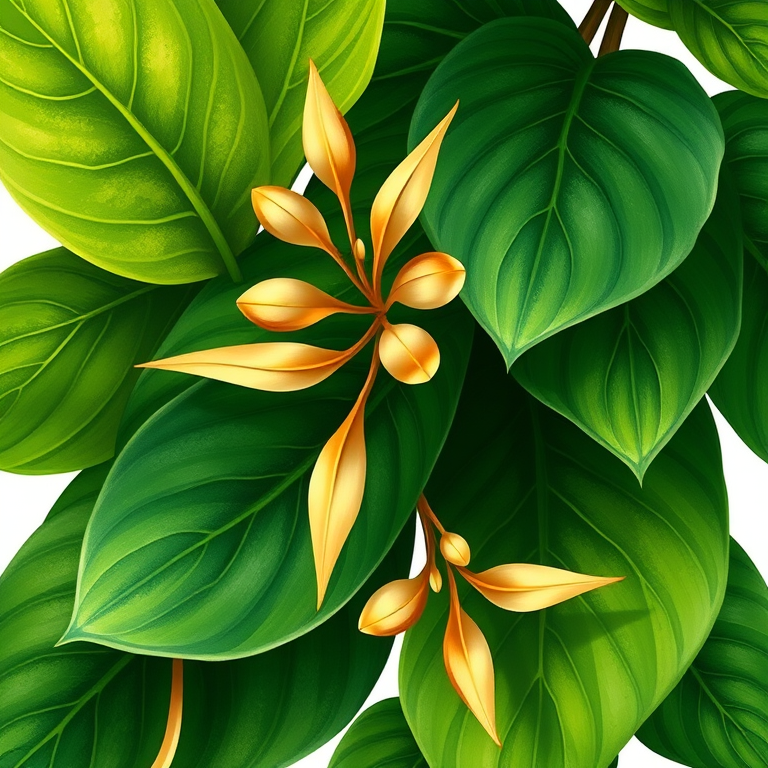 Create a botanical illustration featuring lush green leaves and elegant golden accents on a transparent background with a high-resolution setting of 300 DPI, captured with a DSLR camera at f/2.8, ISO 100, 50mm lens for a shallow depth of field and vibrant colors.