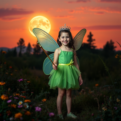 A vivid photo  taken under a bright camera flash of a fantastical scene set against a backdrop of a forest during sunset. The main subject is a girl dressed as a fairy, adorned with translucent wings and a green dress, holding a wand, her face is happy, and she wears a crown on her head. The forest behind her is a blend of flowers, shrubs and trees. The sky is painted in hues of orange and pink, with a large, glowing moon casting a warm glow over the scene. The overall color palette is dominated by earthy tones.