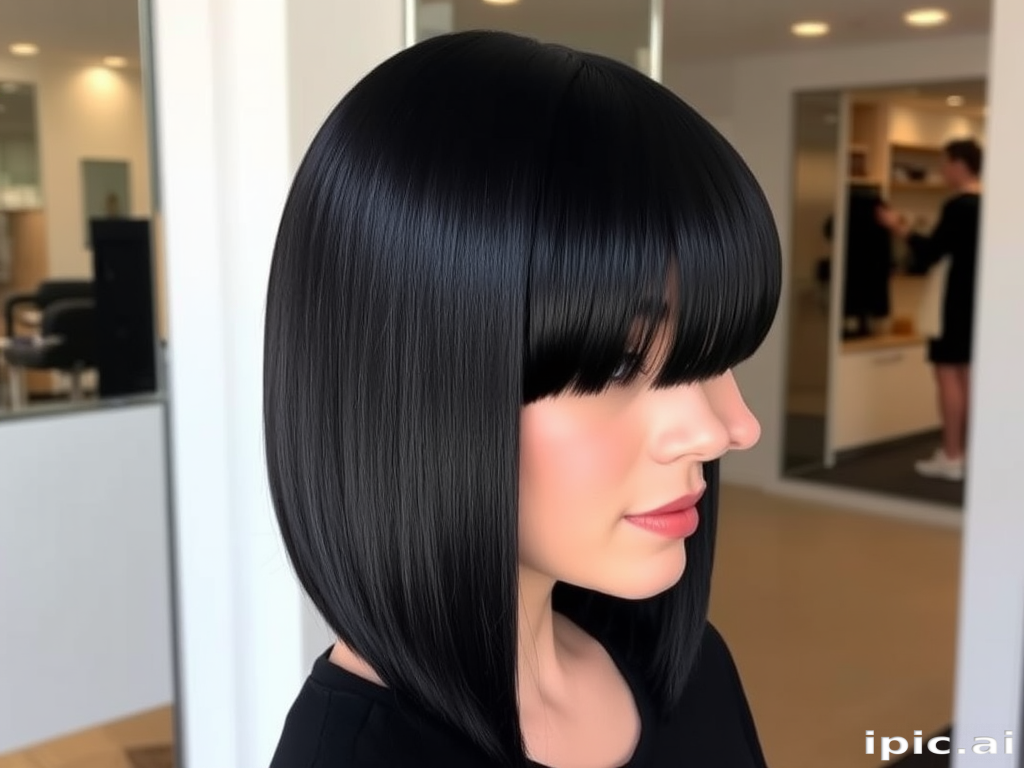 Sleek jet-black hip-length hair with blunt ends, pin-straight styling showcasing mirror-like shine, embodying timeless elegance and sophistication