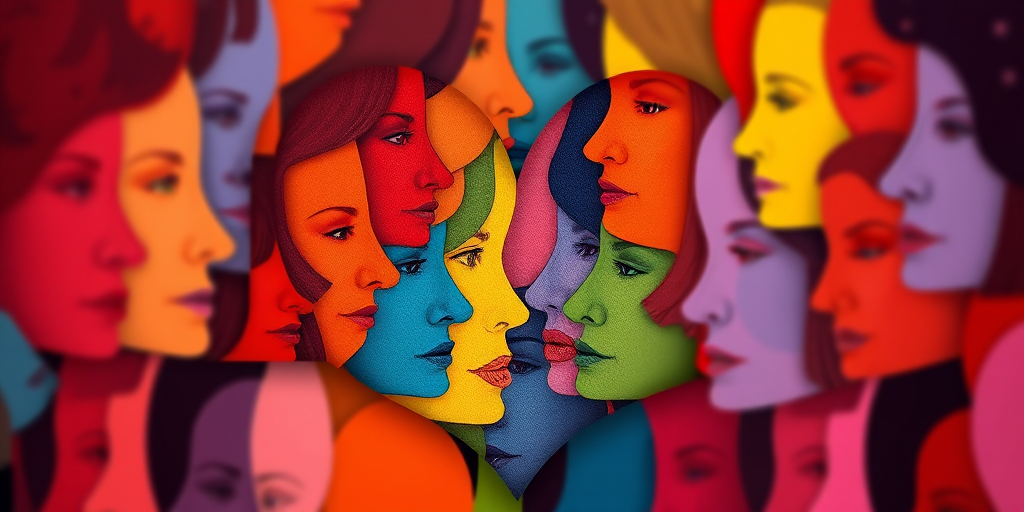 Create a vibrant heart shape filled with colorful abstract faces using a Canon EOS R5, 50mm lens, f/1.8 aperture, ISO 100, soft focus style, and HDR photography settings for enhanced image quality.