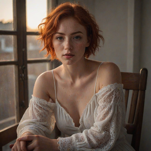 young woman, short messy red hair, light freckles, beautiful face, wearing a loose white cotton lace shirt ,  portrait photo,  posing for a picture in a chair with her hands in her lap, Ayshia Ta k n, parted lips, round cleavage, collarbone, bare shoulders, natural light, a portrait, art nouveau, sunset light through a window, darkly lit, shadows across face