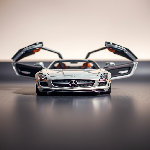 Capture a high-quality image of a silver Mercedes-Benz SLS AMG model car with its gullwing doors open, using a 50mm f/1.8 lens, aperture set to f/2.8, ISO 100, and a shallow depth of field, in soft natural light with a slight reflectivity on a smooth dark surface at eye level.