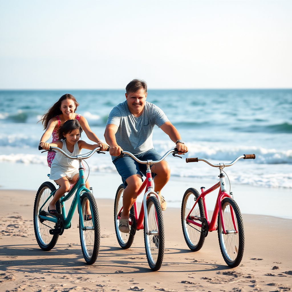 Regenerate an image of a family at the beach with two kids on bicycles, natural lighting, shallow depth of field, focus on the family with the ocean in the background, captured with a Canon EOS R5, 50mm lens, aperture f/2.8, ISO 100, shutter speed 1/200 sec.