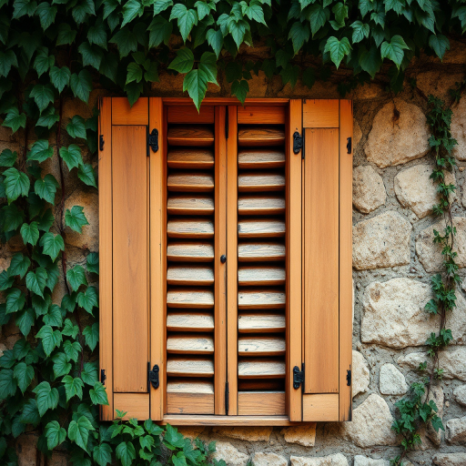 Capture a close-up image of vintage wooden shutters on a stone wall, surrounded by green ivy, using a DSLR camera with a 50mm lens, aperture set to f/1.8 for a shallow depth of field, ISO 200, and natural lighting to enhance texture and detail.