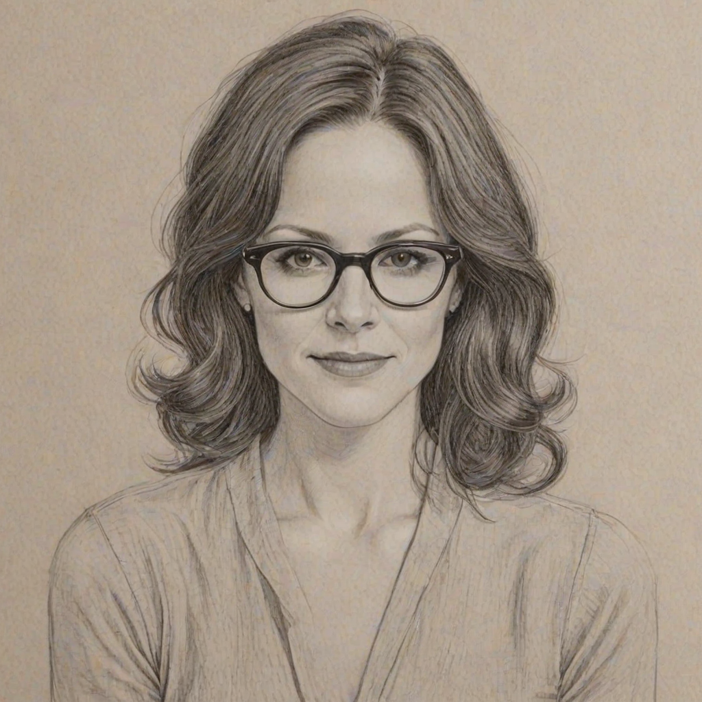 Splendid Mary Louise Parker, pencil sketch, portrait of Exquisite woman 1935s in glasses, hair style beatnik, outline, clear lines, fine lines, 8k