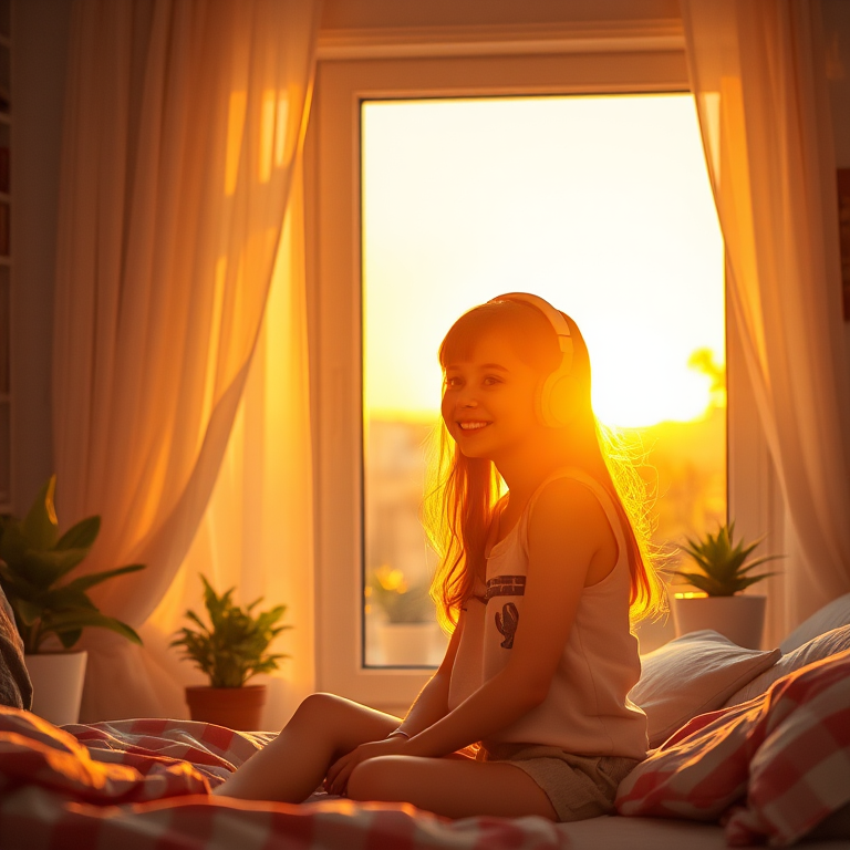 a girl sitting by a window at sunset with headphones on, a cozy bedroom filled with warm light, plants and decor in the background, soft and vibrant colors, high-resolution image, DSLR camera, 50mm lens, f/1.8, ISO 200, golden hour lighting