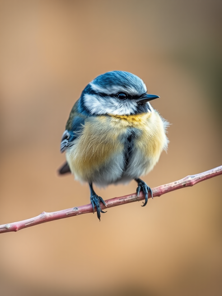 A close-up shot of a blue tit perched on a slender branch with soft blurred background, using a Canon EOS R5 camera with a 100mm f/2.8 macro lens, aperture set to f/4, ISO 200, shutter speed 1/500s, natural lighting for enhanced detail and vibrant colors.