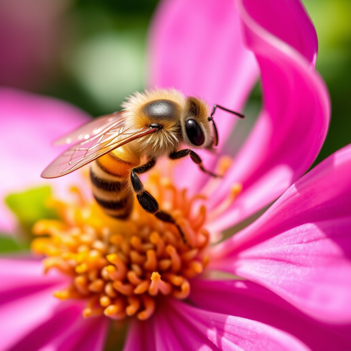 macro photograph of a bee on a pink flower capturing fine details in sharp focus with a shallow depth of field, aperture f/2.8, shutter speed 1/250s, ISO 200, taken with a DSLR camera from a low angle with natural lighting to enhance color vibrancy and texture.