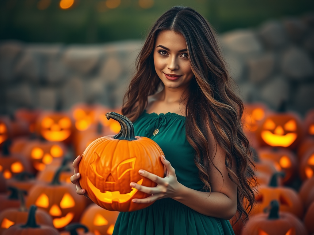 Generate an image of a woman with long, flowing hair wearing a green dress, holding a carved pumpkin, surrounded by glowing jack-o'-lanterns, captured with a Canon EOS R5, 50mm lens, f/1.8, ISO 100, in soft lighting to enhance the warm and whimsical atmosphere.