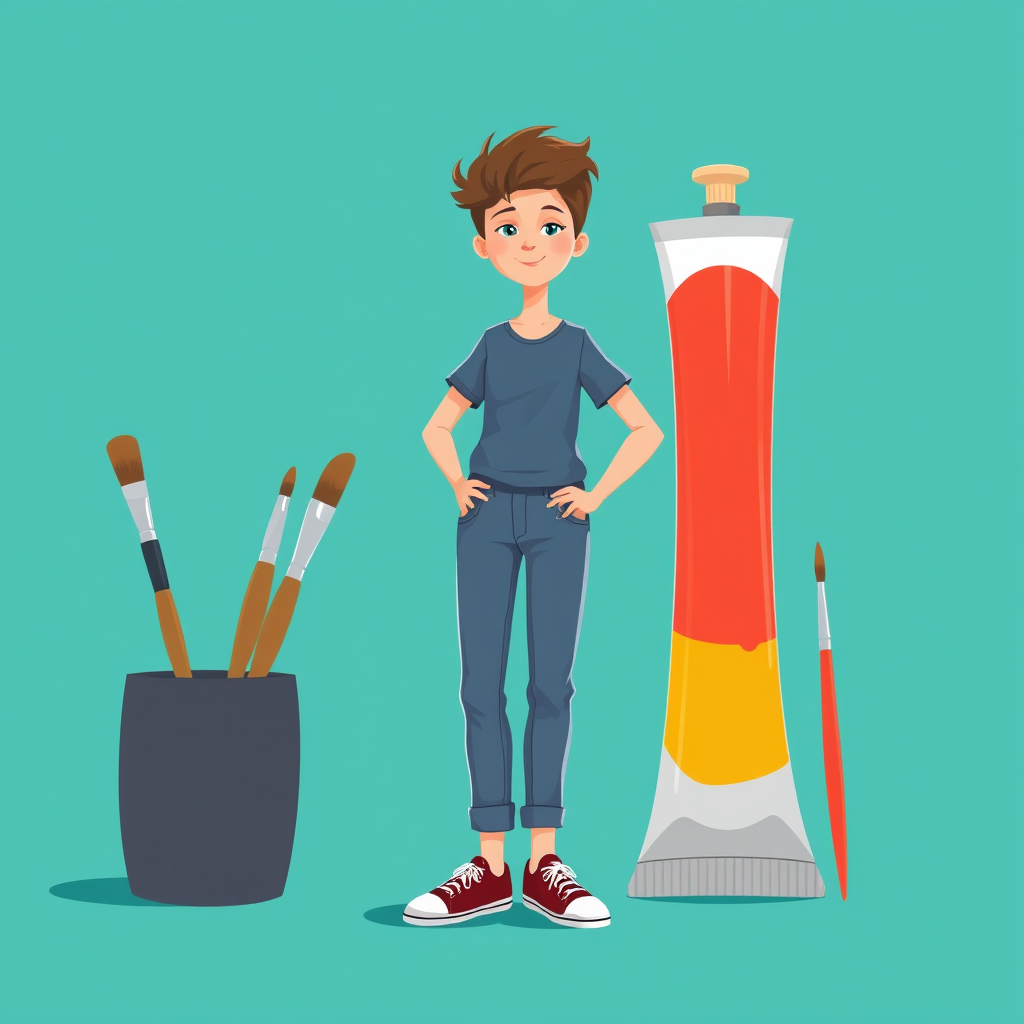 Create an illustration of a person standing confidently next to a large tube of paint and paintbrushes, with a vibrant teal background, using a digital medium; camera settings: f/2.8, 1/60s, ISO 100; camera view: eye level; camera style: minimalist; camera type: digital art.