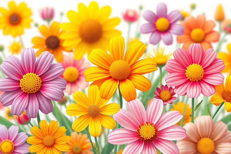 Create a vibrant illustration of cheerful flowers with various shapes and sizes in a bright color palette, using a macro lens at f/2.8 for shallow depth of field, ISO 100, with soft natural lighting to enhance colors and details.