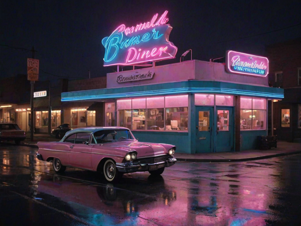 Warmly lit photo of an old-fashioned diner at night, neon signs glowing in soft pink and blue hues, with a classic car parked out front and soft reflections of streetlights on the wet pavement.