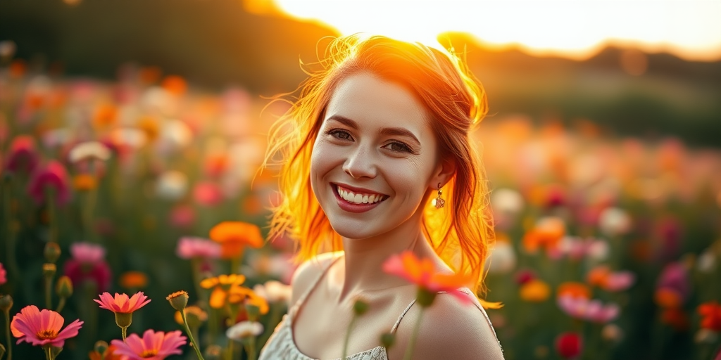 woman smiling in a flower field during golden hour, natural light, shallow depth of field, ISO 100, f/2.8, 1/1000s, portrait view, DSLR camera, vibrant colors