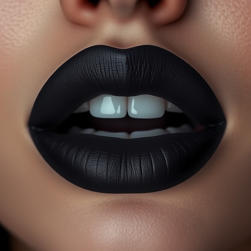 Striking visual of matte charcoal lips with a smoky finish, emphasizing bold contrast and edgy appeal in monochromatic tones
