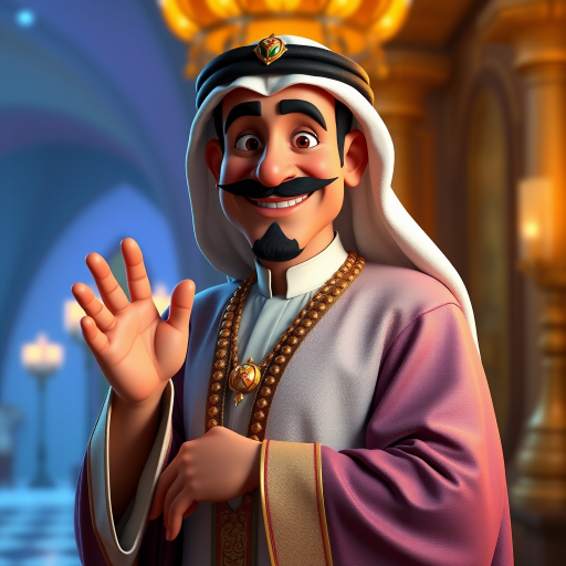 Create a 3D rendering of a wealthy Arab male sheikh from Dubai, inspired by the Disney animation style. The sheikh must have a smile and a playful but wise character. Place your character in an atmosphere of wealth and luxury. The image must be in high resolution format. Dynamic pose above the waist, gesturing with hands (Pixar Art style)++ highly detailed digital painting, art stations, concept art, soft focus, hard focus, illustrations. cinematic, visual effects, HDR, Unreal Engine 5, ray tracing, soft light, 8k, high detail, sparkling backlighting, luxury gem, game art, 3d, cartoon, colorful, magical, mysterious