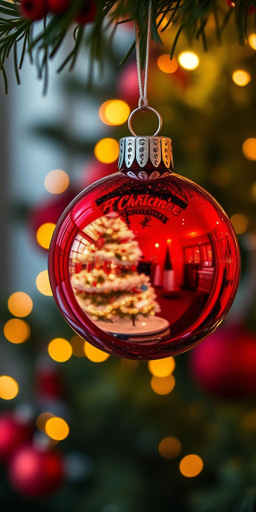 A close-up of a shiny red Christmas ornament hanging from a tree branch reflecting a beautifully decorated Christmas tree and warm glowing lights in the background with a bokeh effect creating a festive atmosphere.