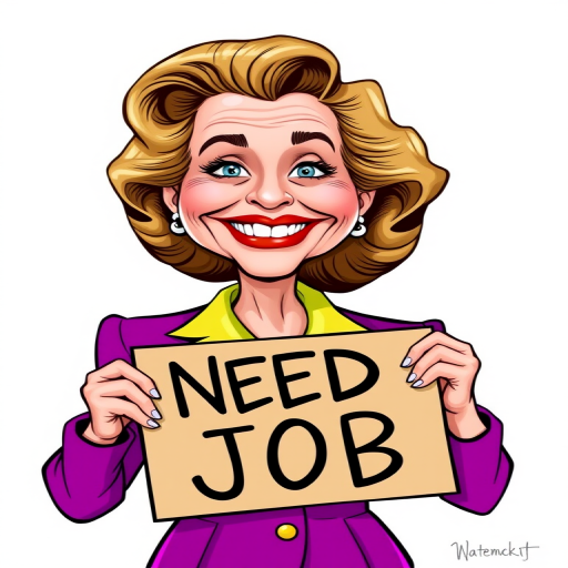 caricature of a smiling Lauren Bacall in a Vivid dress or suit, holding up a sign that says "NEED A JOB", no watermark,