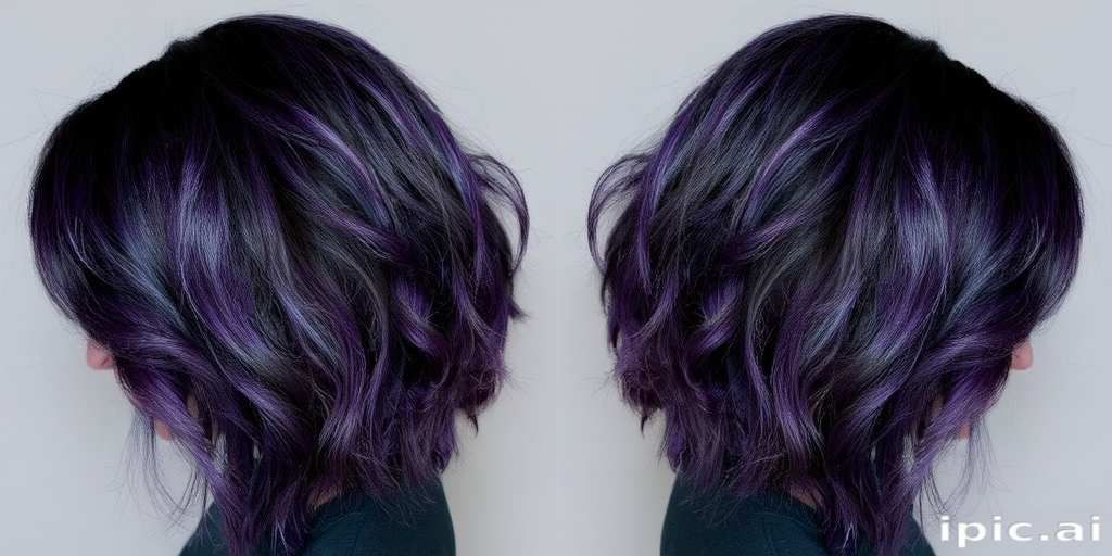 Mysterious deep purple hair with smoky gray undertones, styled by Violet Shadow, showcasing a textured lob cut with choppy layers and subtle silver metallic accents