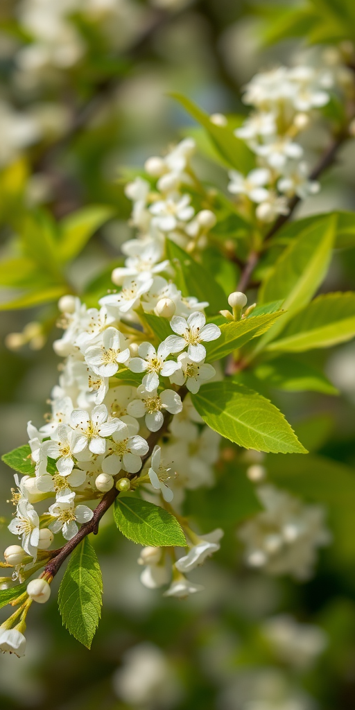 Close-up of white flowering branches with vibrant green leaves, shallow depth of field, f/2.8 aperture, ISO 200, 50mm lens, natural light, captured with a DSLR camera, soft bokeh background.