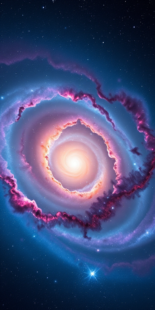 Generate a vibrant and detailed image of a spiral galaxy with swirling clouds of pink and blue gas, captured using a DSLR camera at f/4.0 aperture, 24mm focal length, ISO 100, in a wide-angle view, utilizing a long exposure technique to enhance star visibility and color depth.