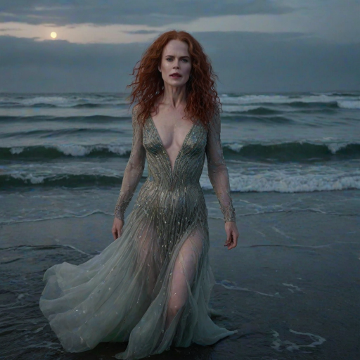 Bewitching image of Nicole Kidman, Big Little Lies star, with her porcelain skin and cascading red curls, emerging from misty waves in a sheer, iridescent gown, on a moonlit beach dotted with bioluminescent algae
