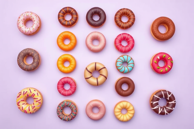 Create a vibrant, high-resolution illustration of assorted donuts arranged in a colorful grid pattern on a light purple background, with a studio lighting setup, using a Canon EOS R5, 50mm lens, f/2.8 aperture, and ISO 100 for maximum clarity and detail.