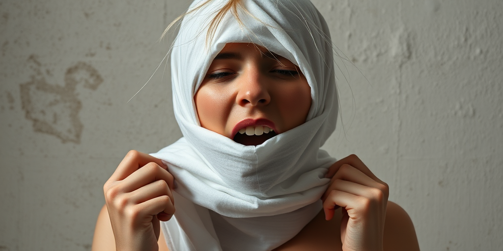 Create a close-up photographic image of the head and torso of a person with light skin tones shown against an old, worn wall. Their head is wrapped in a white cloth covering (i.e.... parts of the head except the nose and mouth, which are open as if they are screaming...), with a slight texture and visible folds in the fabric. Thin strands of blonde hair escape from the wrapping above, falling lightly at the top and sides. Their hands hold the fabric as if they are tugging nervously. The lighting is dramatic and even, casting strong shadows. The image has a minimalist and surreal style with an emphasis on simplicity with soft color tones. The composition is centered.